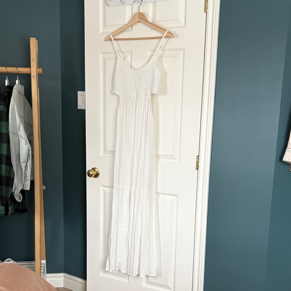 Roxy White Smocked Maxi Dress with Spaghetti Straps